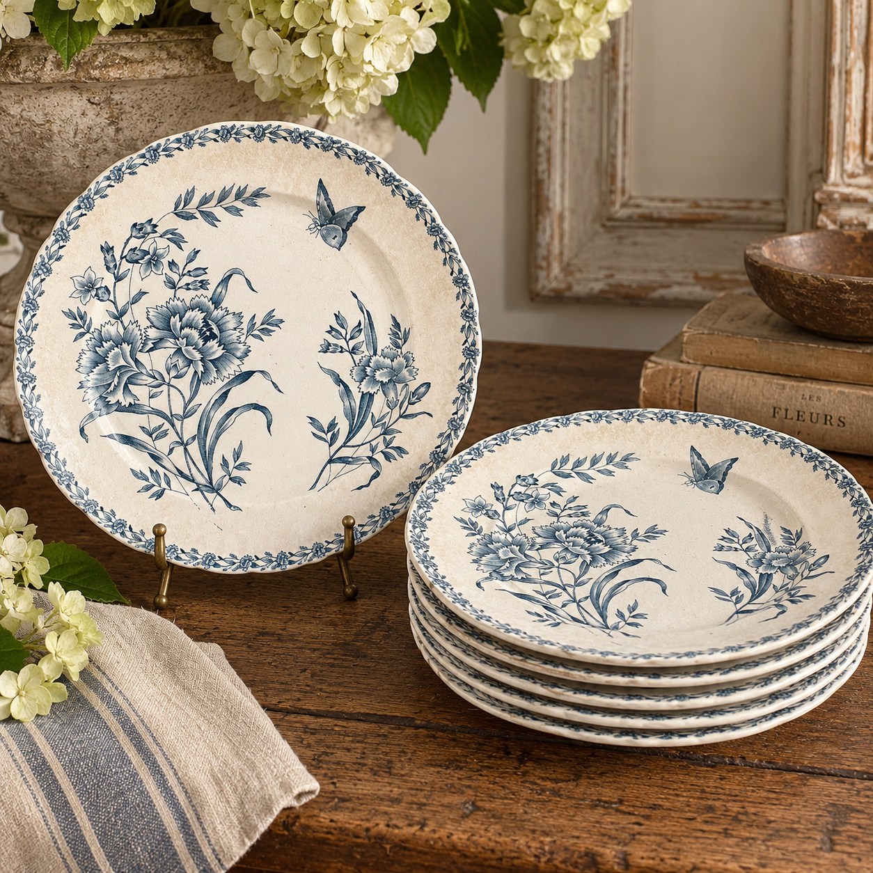 Antique French Blue & White Botanical Transferware Plates — Set of 6