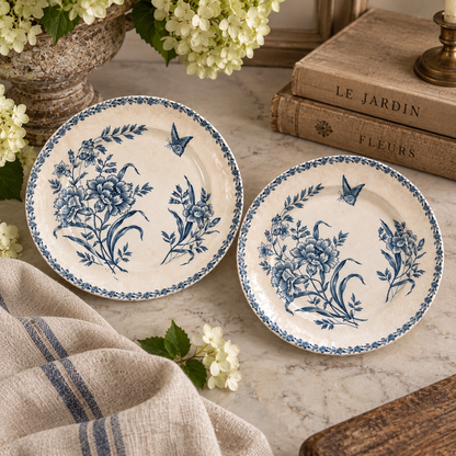 Antique French Blue & White Botanical Transferware Plates — Set of 6