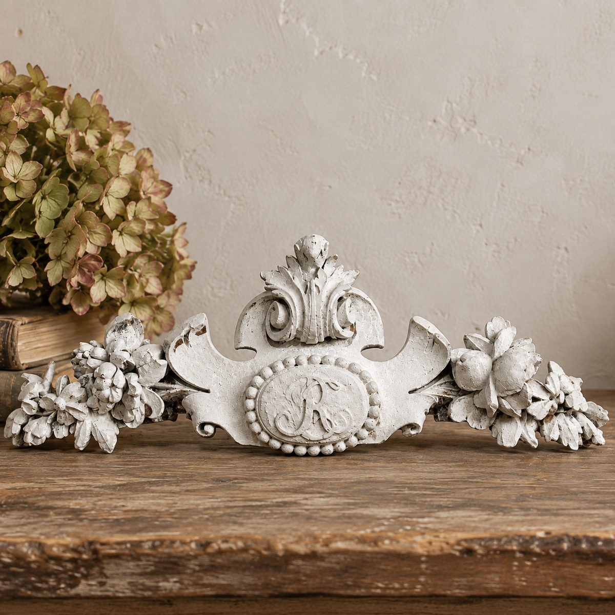 Antique French Gesso & Wood Pediment with Monogram