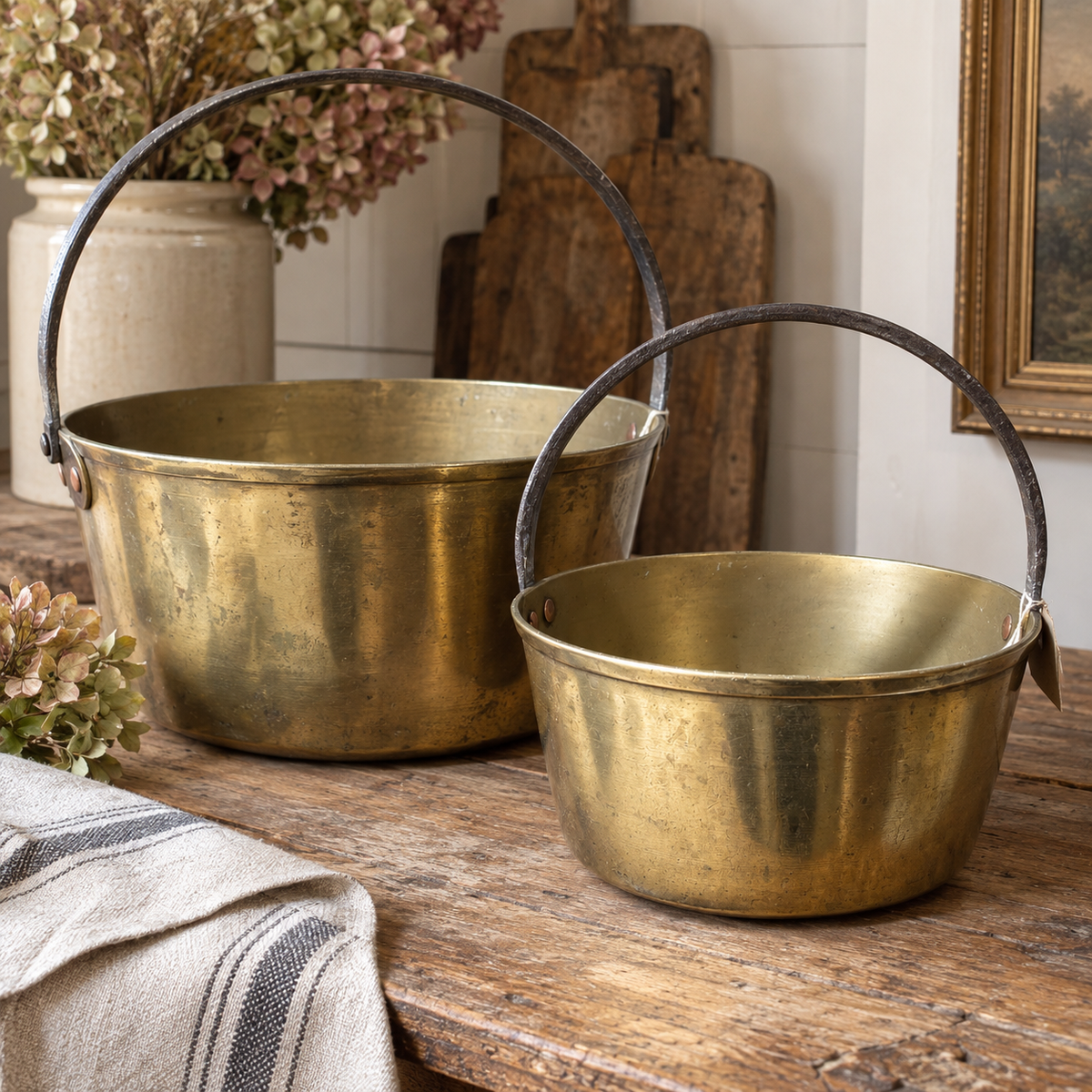 Antique Heavy Brass Jam & Preserving Pots, c. 1900