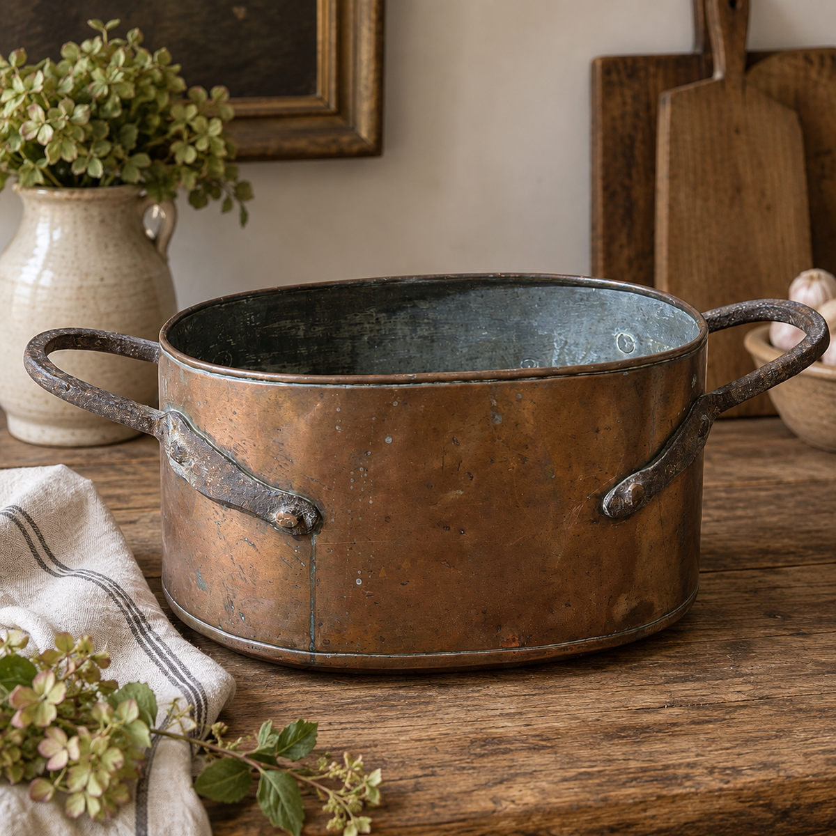 Antique Oblong Copper Cooking Pot with Forged Iron Handles, c. 1880–1900
