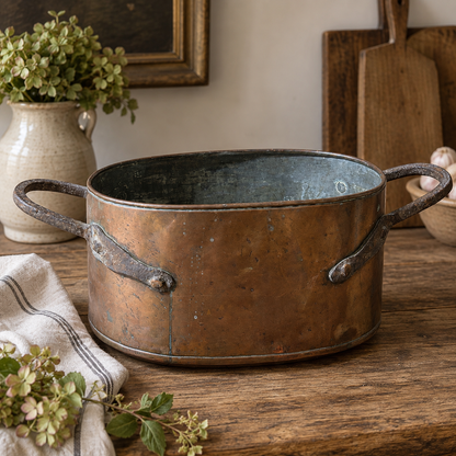 Antique Oblong Copper Cooking Pot with Forged Iron Handles, c. 1880–1900