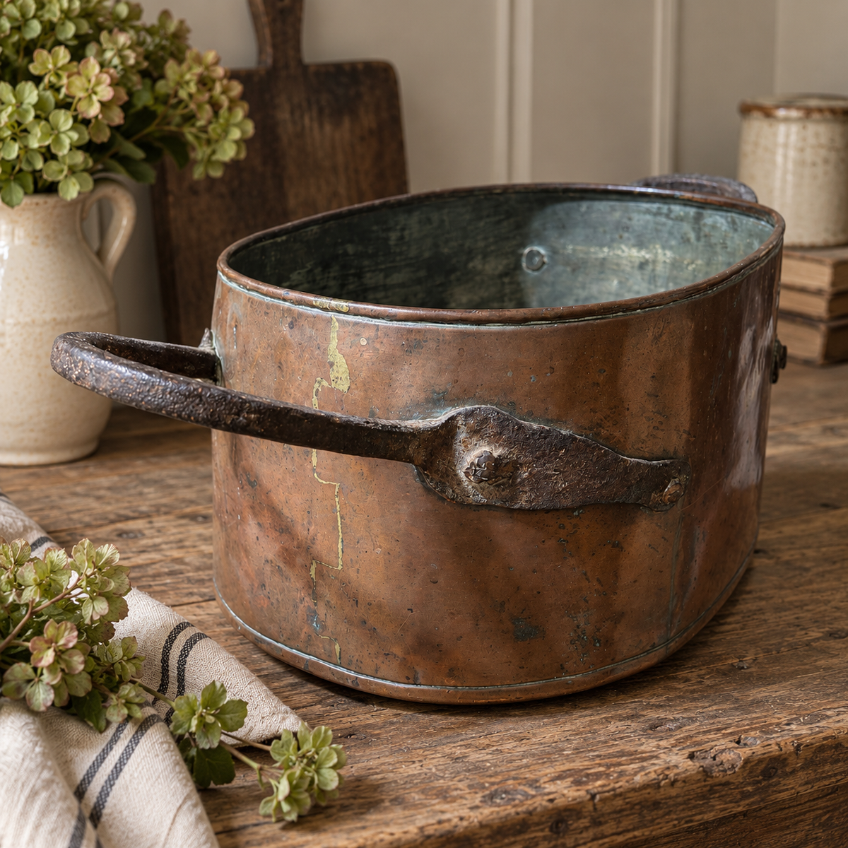 Antique Oblong Copper Cooking Pot with Forged Iron Handles, c. 1880–1900