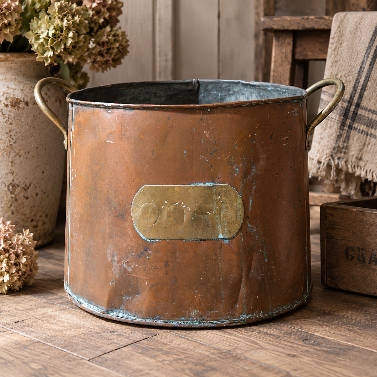 Antique copper corn bin