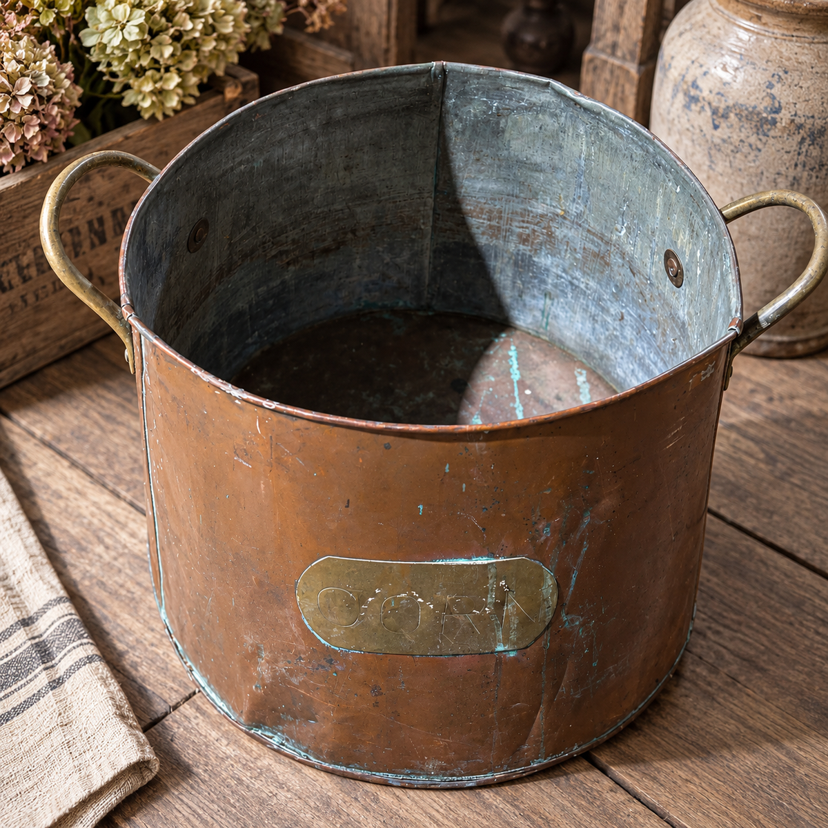 Antique copper corn bin