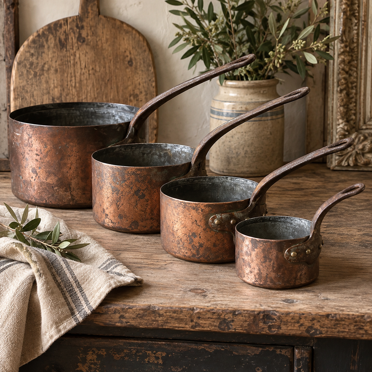 Set of Four Antique Copper Saucepans with Forged Iron Handles | c. 1870–1900