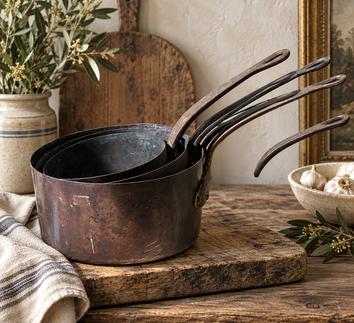 Set of Four Antique Copper Saucepans with Forged Iron Handles | c. 1870–1900