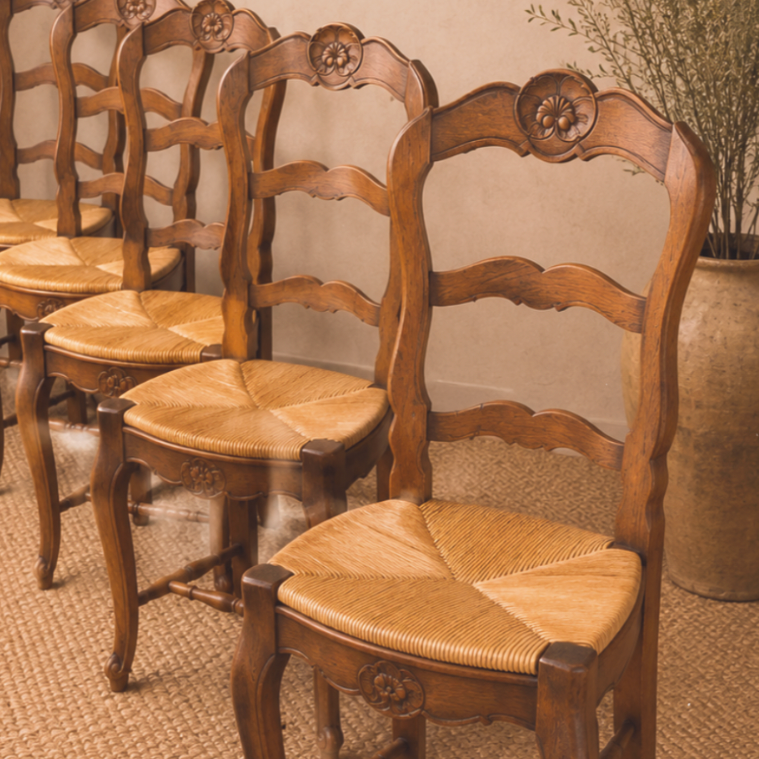 Vintage French Provincial Rush Seat Dining Chairs — Set of Six