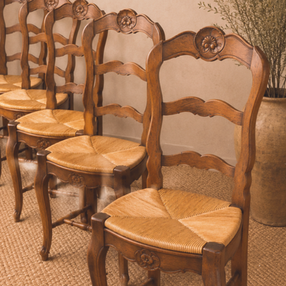 Vintage French Provincial Rush Seat Dining Chairs — Set of Six
