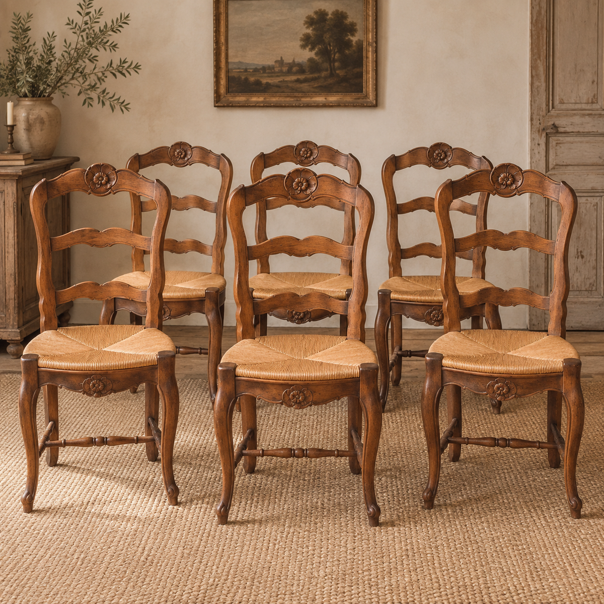 Vintage French Provincial Rush Seat Dining Chairs — Set of Six