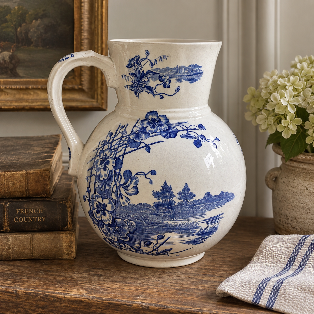 Antique Boch Frères “Cotage” Blue & White Pitcher