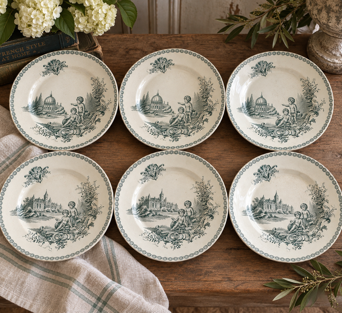Antique French Sarreguemines “Trianon” Transferware Plates – Set of 6