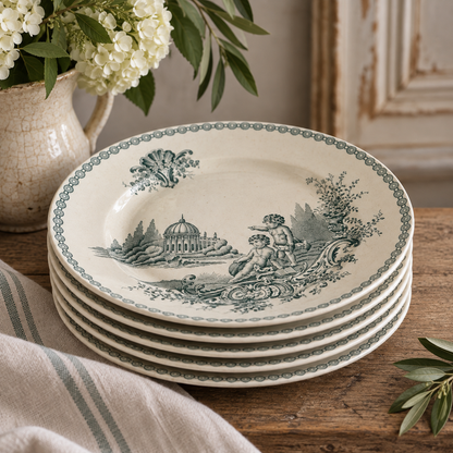Antique French Sarreguemines “Trianon” Transferware Plates – Set of 6