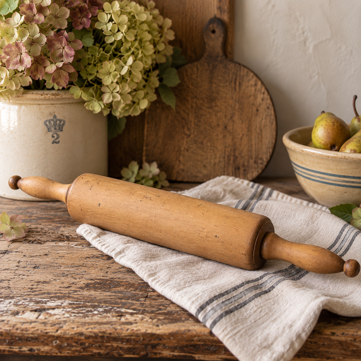 Antique Wooden Rolling Pin with Turned Handles – c. 1900–1930