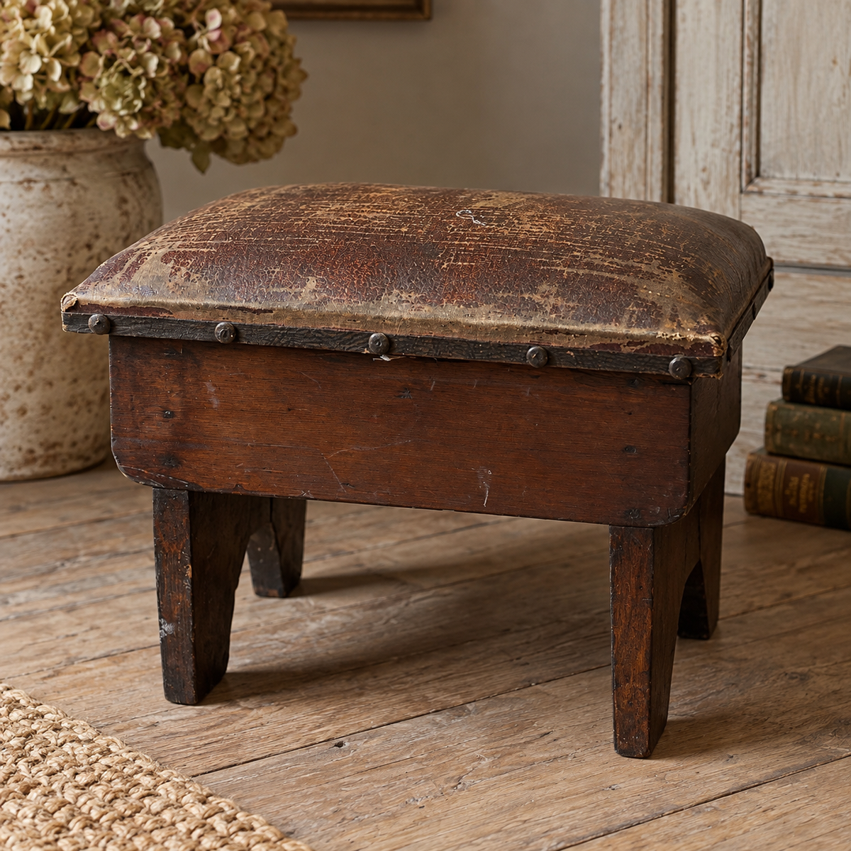 Antique English Leather Box Stool, c. 1900–1930