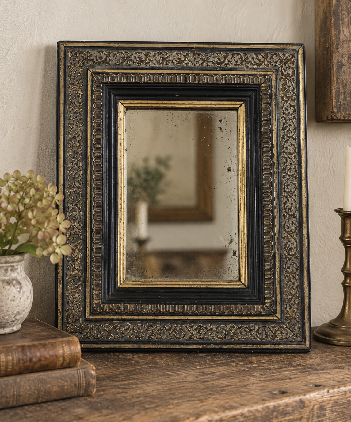 Antique Victorian Ebonized & Gilt Framed Mirror, c. 1880