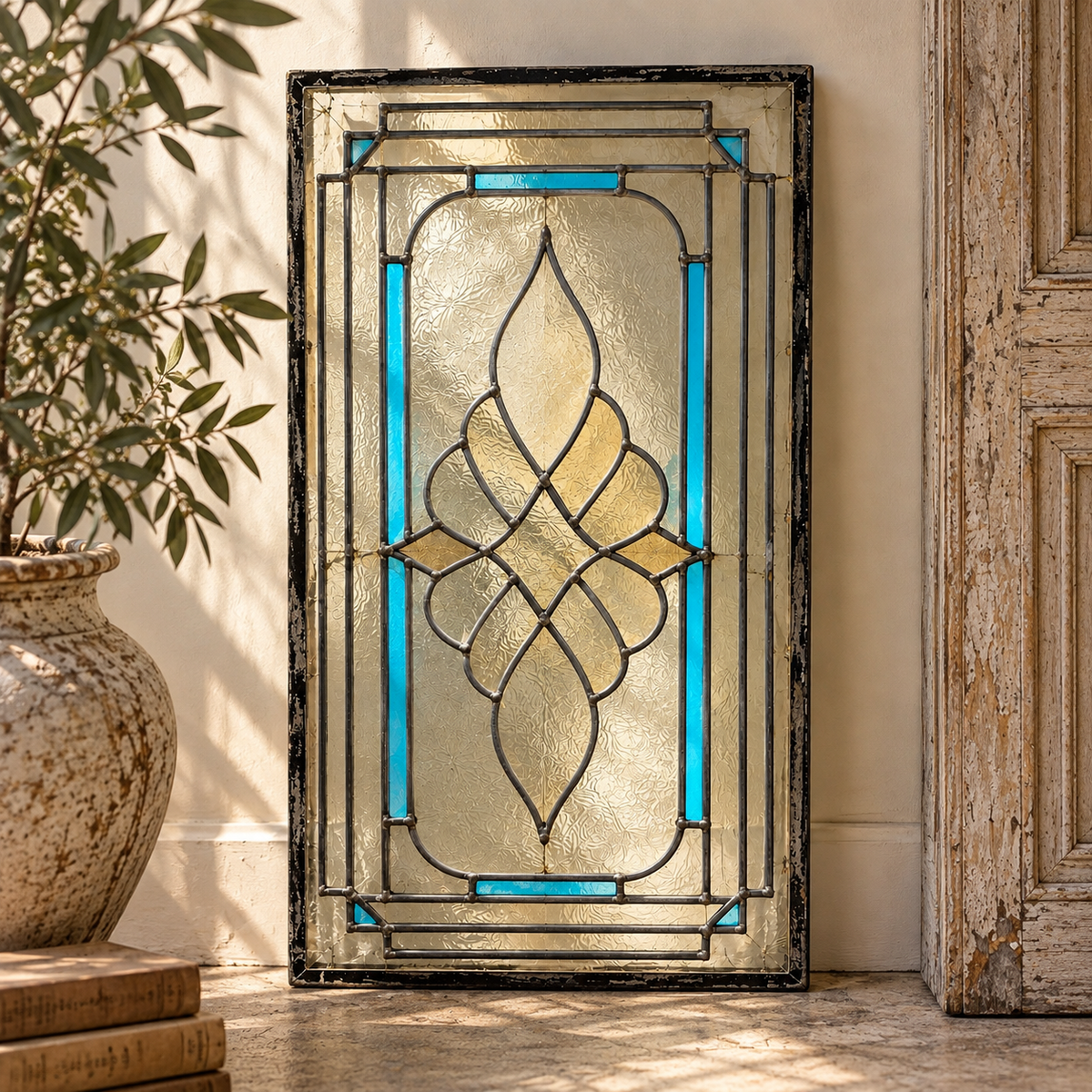 Antique Leaded Stained Glass Window Panel