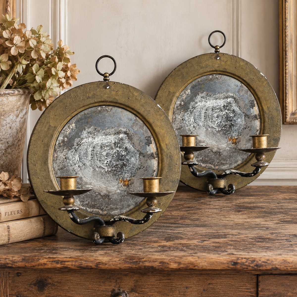 Pair of Antique French Mirrored Candle Sconces, c. 1860-1890
