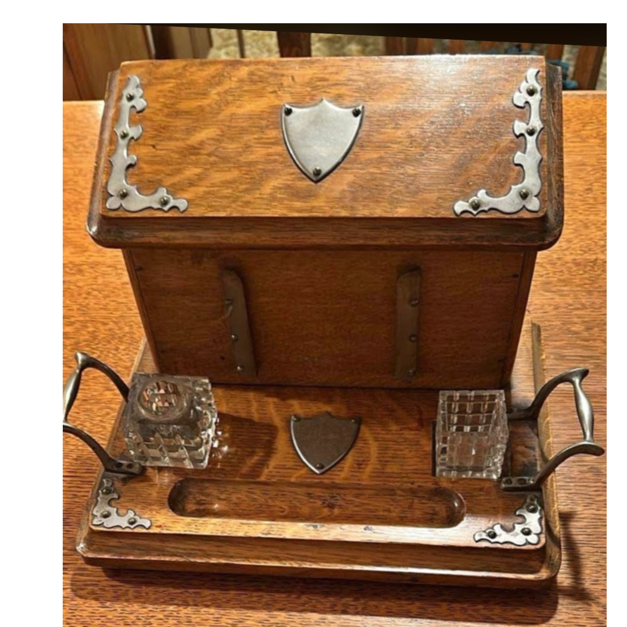 Antique oak writing slope & inkwell set